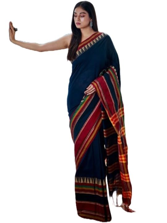 Traditional Cotton Khadi Handloom Saree, Brown with Geometric Border, Cotton Blend, Traditional Style, Rahina Model, Formal Wear BLUE