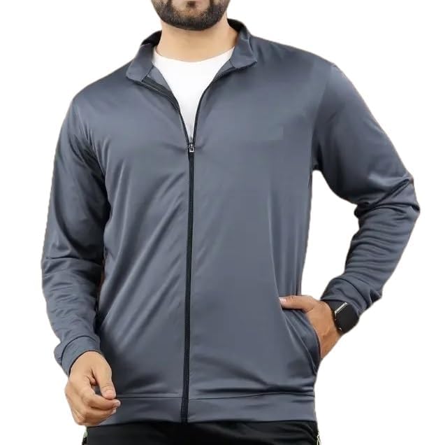 FIBREZA Men Stylish Track Jacket Solid Polyester Sports wear jacket Long Sleeves Full Zip with Pocket Gym, Running 2XL Grey