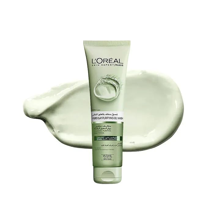 L’Oreal Paris Pure Clay Green Face Cleanser with Eucalyptus Extract 150ml Purifying Mattifying Gel Wash for Oily Skin Removes Impurities Excess Oil and Shine De