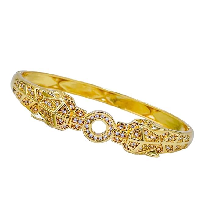 Dual Panther Evil Eye Enamel Cubic Zirconia Copper Gold Bangle Kada for Women
