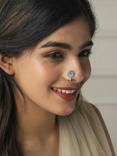 Traditional Maharashtrian Clip-On Nath Nose Ring in Oxidised Silver for Women