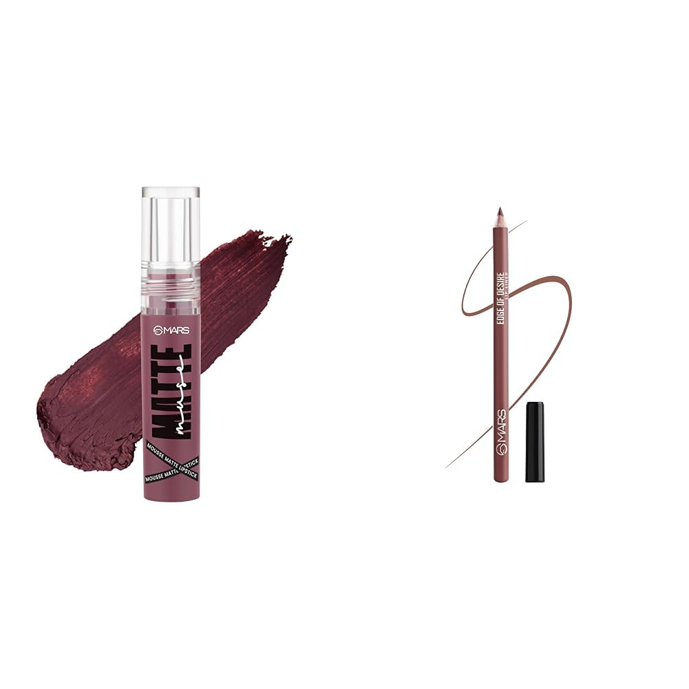 MARS Matte Muse Mousse Lipstick (3ml) (09-SUPER STAR) with Doe-Foot Applicator Matte Lip Liner | One Swipe Smooth Application | Long Lasting Lip Pencil (1.4gm)