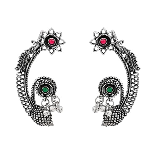 Silver Oxidised Floral Ear Cuffs with Ghungroo Drops Earrings for Women