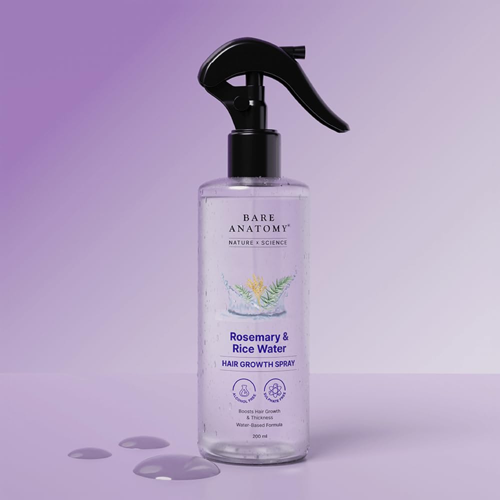 Bare Anatomy Nature x Science Rosemary Water Spray for Hair Growth & Hair Thickness with Rice Water | 100% Natural Extract | Soft & Smooth Hair | Controls Hairfall & Adds Shine | Non-Greasy & Fast Absorbing | 200 ml