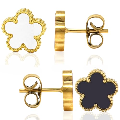 Handcrafted 18K Gold Plated Lucky Five Petal Leaf Clover Stud Earrings Set – 2 Pairs in Black & White Enamel