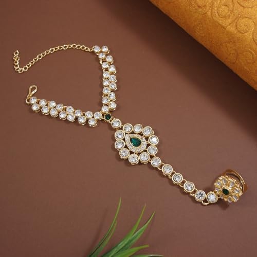 Traditional Gold Plated CZ Haath Phool/Panja Adjustable Bracelet with Ring for Women