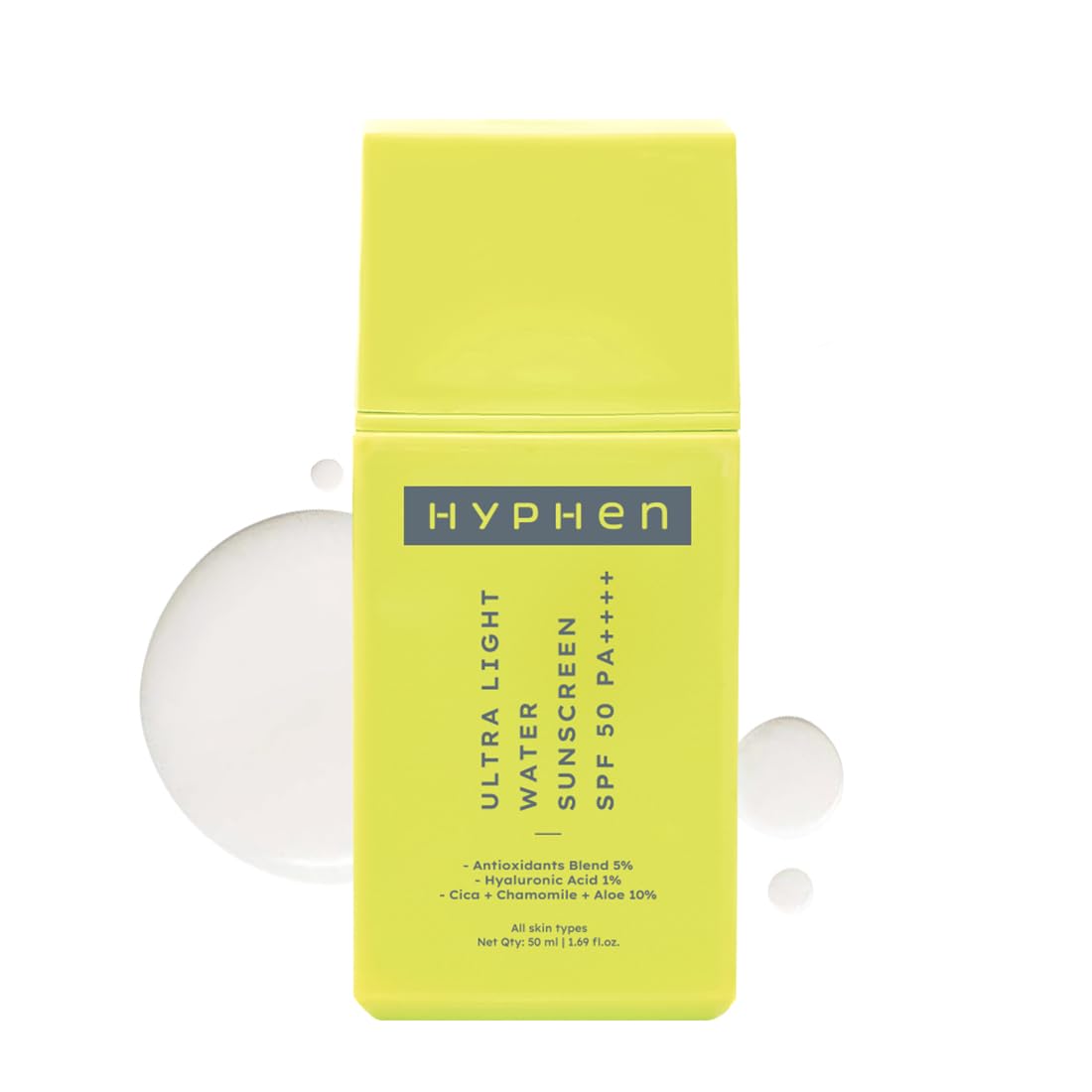 Hyphen 1% Hyaluronic Ultra Light Water Sunscreen SPF 50 PA ++++ | In-Vivo certified | Broad Spectrum & Blue Light Protection | No White Cast | Contains 5% Antio