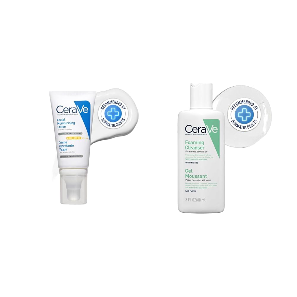 CeraVe AM Facial Moisturizer (52ml) SPF 50 and Foaming Cleanser (88ml) for Normal to Oily Skin Non-Comedogenic