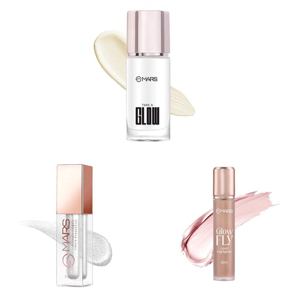 MARS Sun-Kissed Glow Combo | Strobe Cream Primer + Liquid Highlighter + Glitter Eyeshadow | Natural Luminous Finish