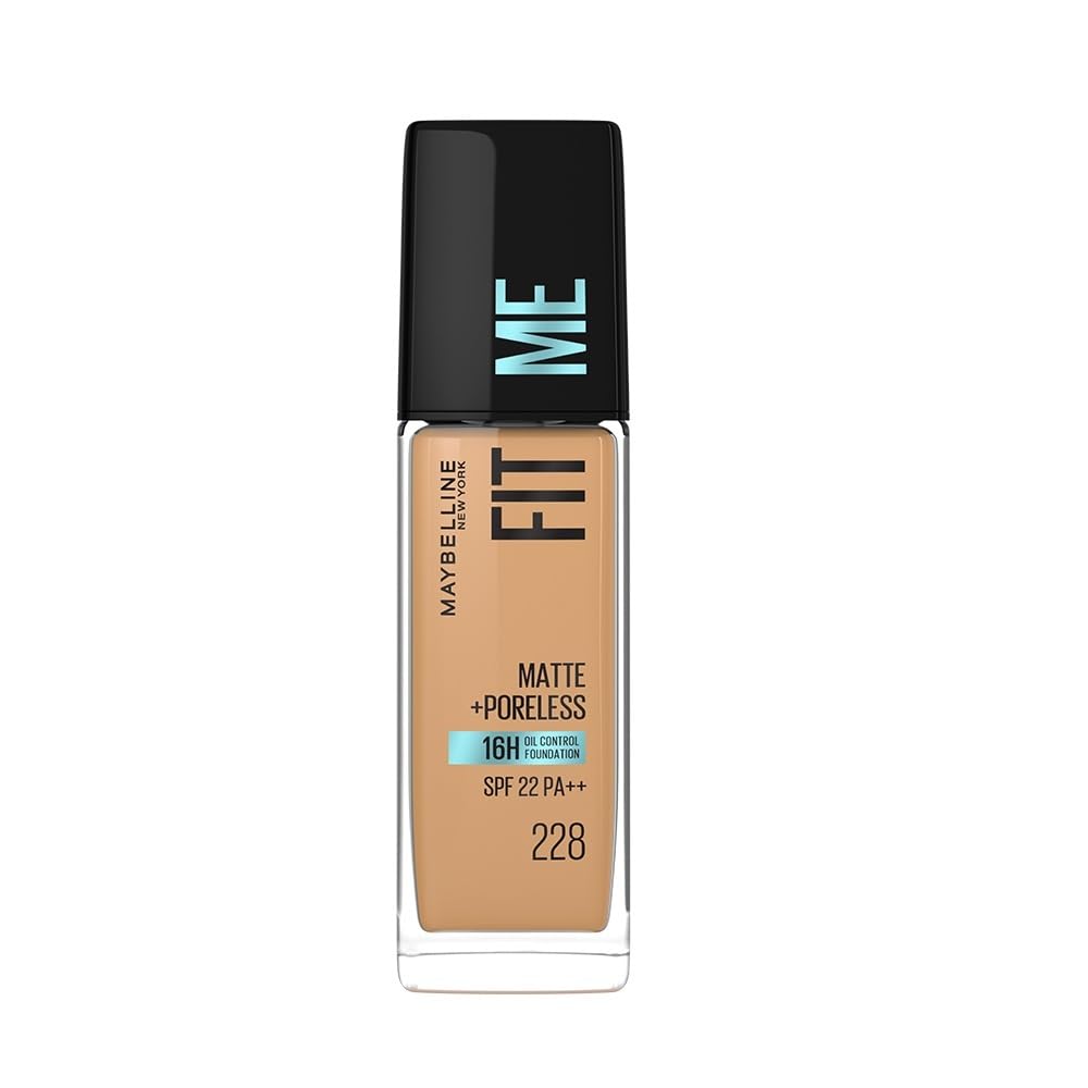 Maybelline New York Fit Me Matte + Poreless Liquid Foundation, pore minimising lightweight formula suitable for daily use and Indian Skin - 228 Soft Tan, 30 ml