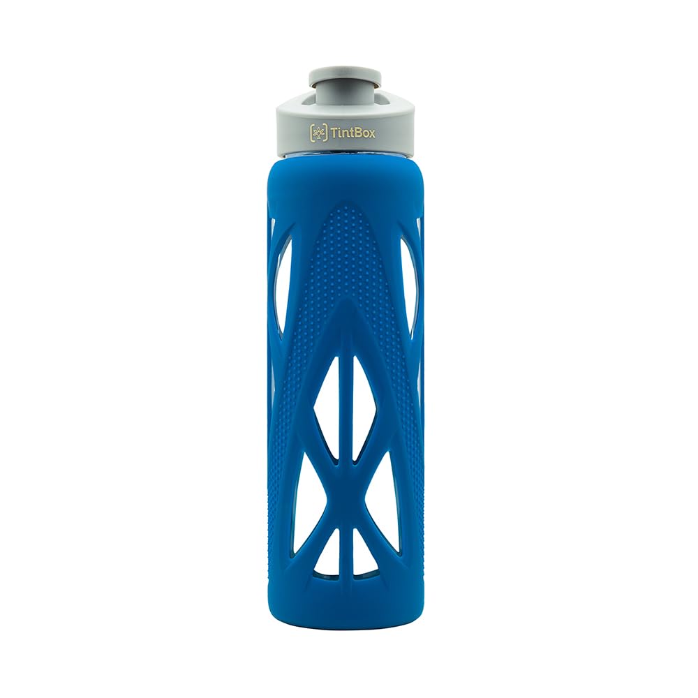 TintBox Borosilicate Glass Water Bottle with Silicone Sleeve | as seen on Shark Tank | perfect for Office, Home, Fridge, Gym, Travel | BPA Free | Power Blue | 7