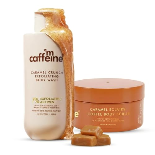 mCaffeine Caramel Care Duo with 7% Exfoliating Body Wash 300ml + 10% Coffee Body Scrub 175g | 1% Salicylic Acid, 2% Lactic Acid & AHA Blend |