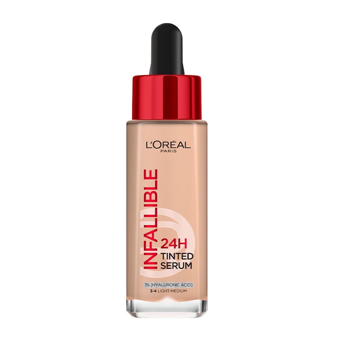 L’Oréal Paris Infallible 24H Tinted Serum Foundation, Light-weight Coverage, Dewy & Radiant Finish, Transfer-proof, 30ml