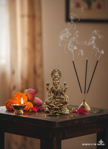 Brass Lakshmi Statue on Lotus, Hindu Goddess Figurine, Traditional Indian Religious Decor, Gold Finish 7-CM