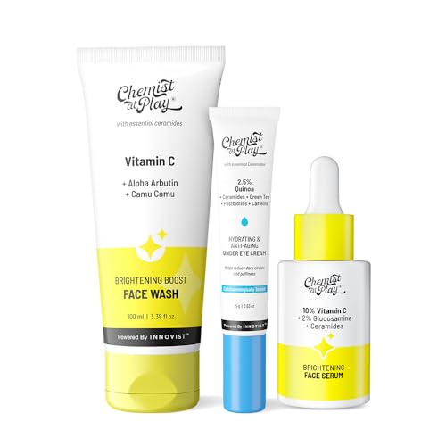 Chemist at Play 30x Vitamin C Face Wash, 10% Vitamin C Face Serum & Under Eye Cream Combo | Fades Dark Spots, Brightens & Reduces Dark Circles & Puffiness | 100