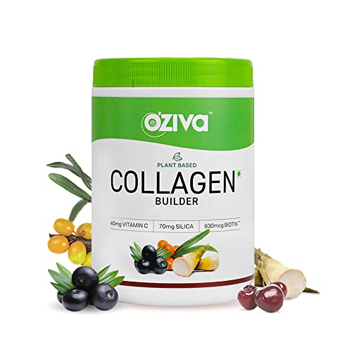 OZiva Plant Based Collagen Builder Powder (With Vitamin C) Berry Orange,250G & Plant Based Biotin 10000+ Mcg (With Natural Sesbania Agati Extract) For Stronger