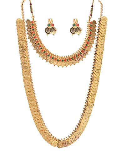 Traditional Gold Plated Long Coin Necklace Set with Red Green Choker and Earrings for Women