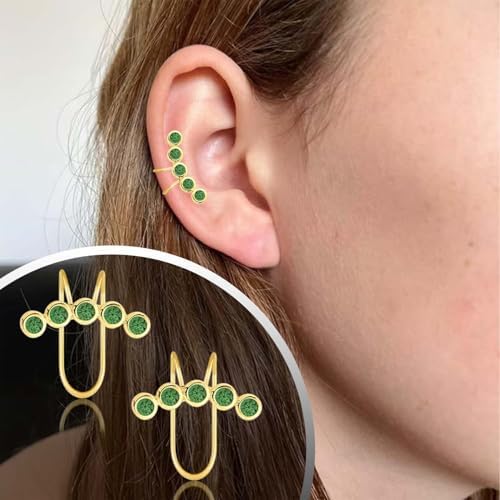 Elegant 18K Gold Plated Green Stone Ear Cuff - Lightweight Non-Piercing Clip-On Earring for Women & Girls