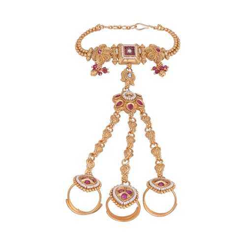 Gold Plated Traditional Brass Adjustable Triple Chain Haath Phool/Panja Bracelet with Kundan, Ruby & Pearl Detailing for Women