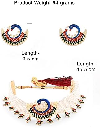 Multicolor Meenakari Peacock Inspired Multistrand Pearls Choker Necklace Earring & Ring Set for Women