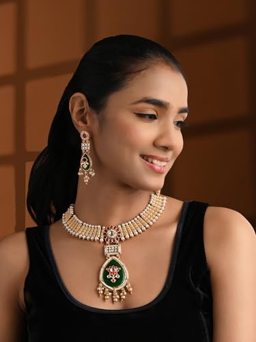 Gold Plated Traditional Kundan Pearl & Enamel Work Necklace with Matching Earrings Jewelry Set for Women