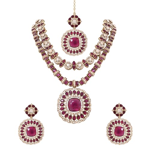 Gold Plated Traditional Double Layer Design & Stone Necklace Set with Earrings and Maang Tikka for Women