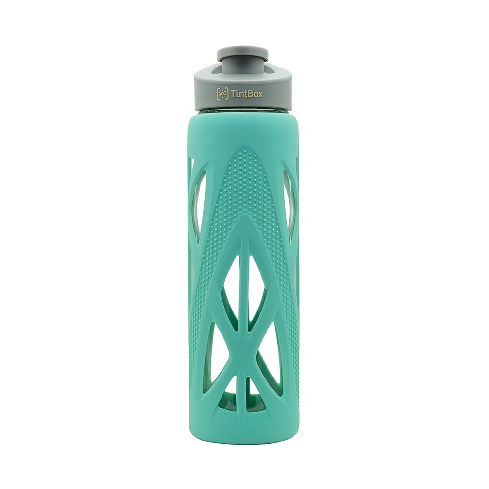 TintBox Borosilicate Glass Water Bottle with Silicone Sleeve | as seen on Shark Tank | perfect for Office, Home, Fridge, Gym, Travel | BPA Free | Power Blue | 7