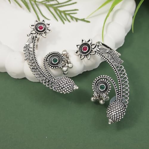 Silver Oxidised Floral Ear Cuffs with Ghungroo Drops Earrings for Women
