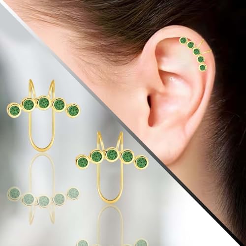 Elegant 18K Gold Plated Green Stone Ear Cuff - Lightweight Non-Piercing Clip-On Earring for Women & Girls