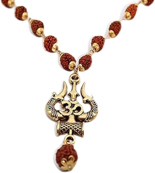 Rudraksha Mala with Mahakal Locket - Golden Om Trishul Damru Pendant - Authentic Spiritual Shiva Necklace for Men and Women