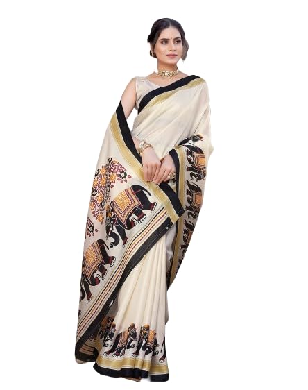 Yashika Women Faux Silk Printed Saree with Unsewn Blouse Material Suitable for All Indian Occasions and Festivals Chiku.