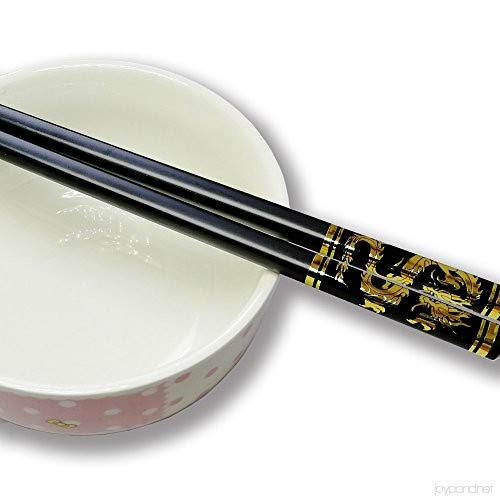 Sakoraware 5 Pairs/10 pcs Reusable Fiberglass Chinese Japanese Chopstick Dragon Black Print Designer, Dishwasher Safe, Round, 9.5 Inch