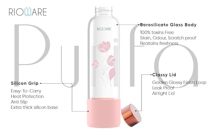 Rioware Purifa Borosilicate Glass Water Bottle With Silicon Sleeve (750Ml) | Airtight Lid | Leak Proof | Golden Cap | Fridge Water Bottles For Home, Office & Gy