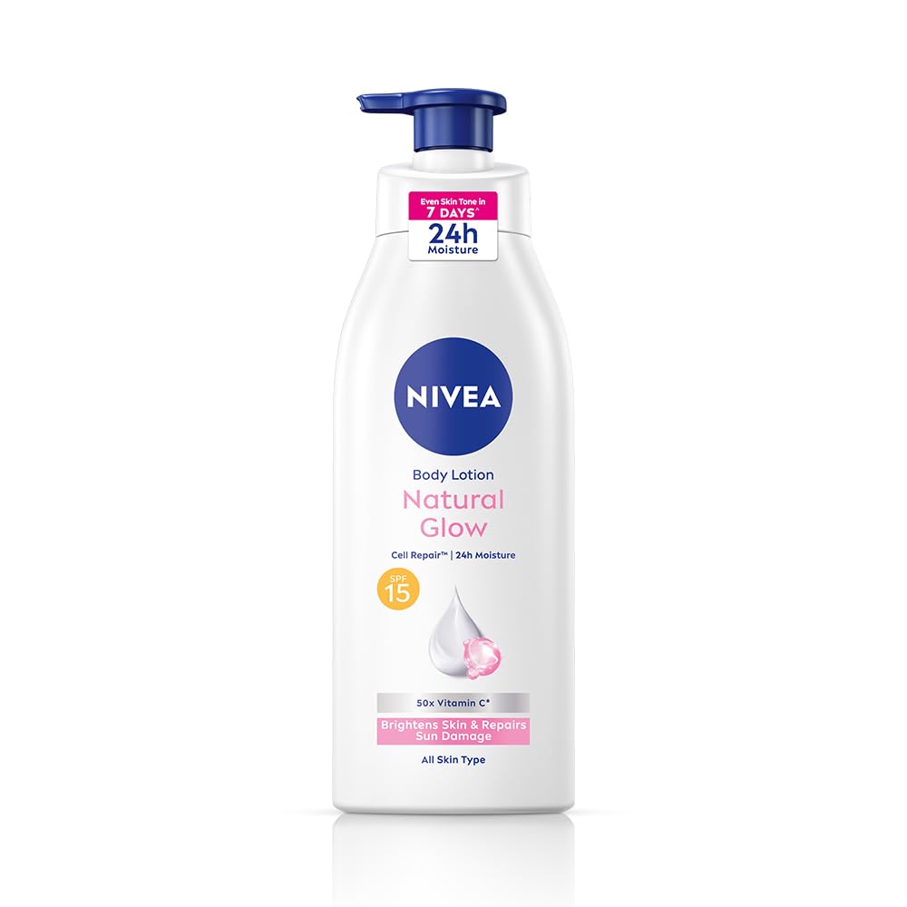 NIVEA Natural Glow Cell Repair Body Lotion with SPF 15 And UV A & B Filters | 50X Vitamin C | 24H Hydration | Even Skin Tone in 7 Days | Brightens Skin and Repa
