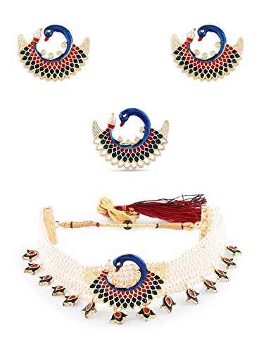 Multicolor Meenakari Peacock Inspired Multistrand Pearls Choker Necklace Earring & Ring Set for Women