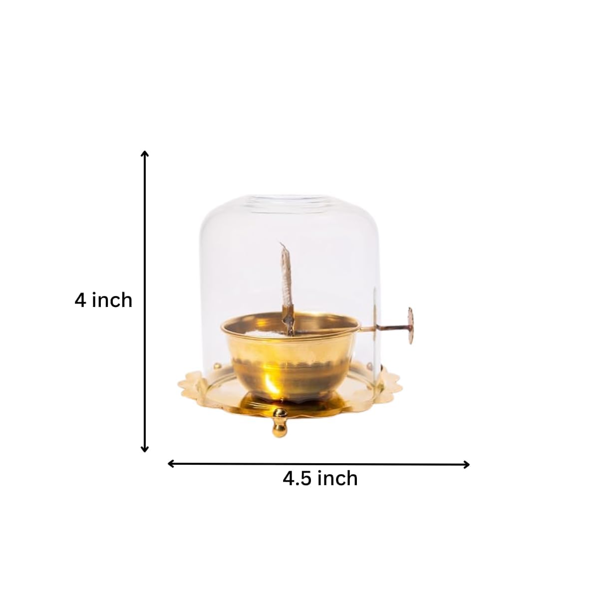 Brass Akhand Jyot Diya with Adjustable Bati Wick Lifting Screw Home Decoration Gifting Joyti Holder Navratri & Borosilicate Glass Cover Oil Diyas Pooja(Small)