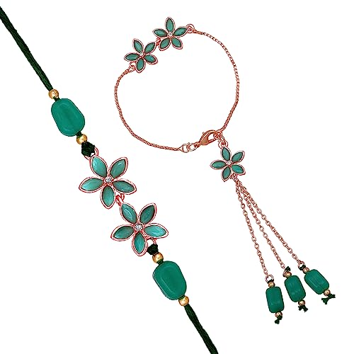 Mahi Rakhi for Brother and Bhabhi - Colorful Crystals and Meenakari Work Bracelet Style Lumba Rakhi Set
