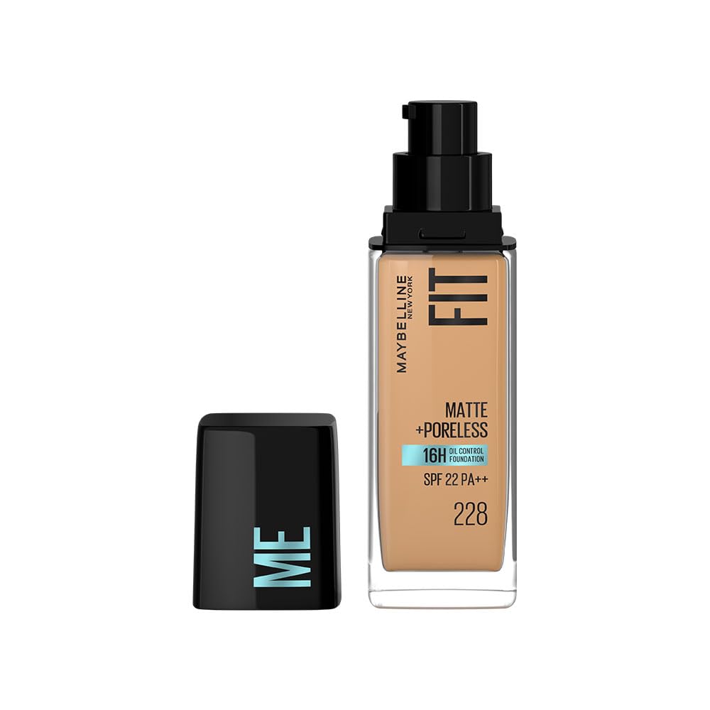 Maybelline New York Fit Me Matte + Poreless Liquid Foundation, pore minimising lightweight formula suitable for daily use and Indian Skin - 228 Soft Tan, 30 ml