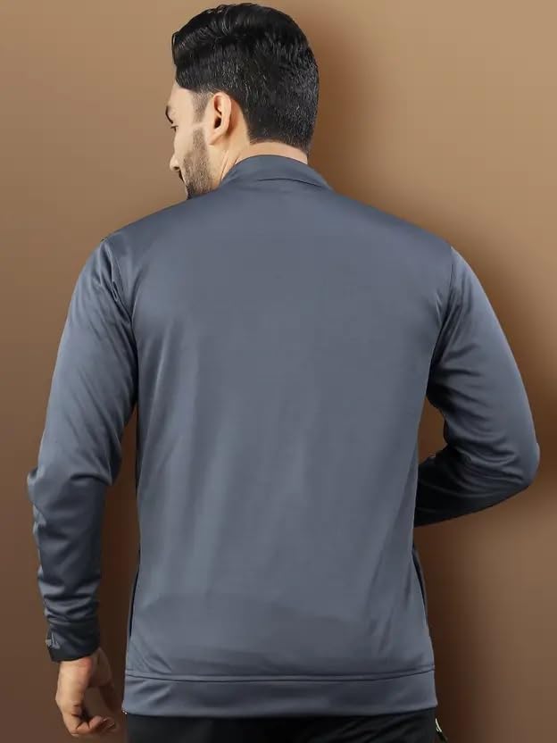 FIBREZA Men Stylish Track Jacket Solid Polyester Sports wear jacket Long Sleeves Full Zip with Pocket Gym, Running 2XL Grey