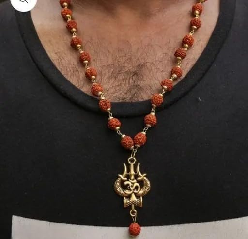 Rudraksha Mala with Mahakal Locket - Golden Om Trishul Damru Pendant - Authentic Spiritual Shiva Necklace for Men and Women