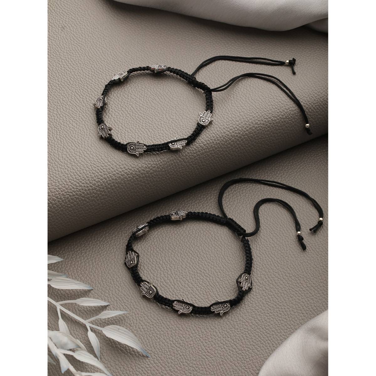 Aatmana Set of 2 Silver-Plated Black Thread Handcrafted Hamza Anklets · One Size