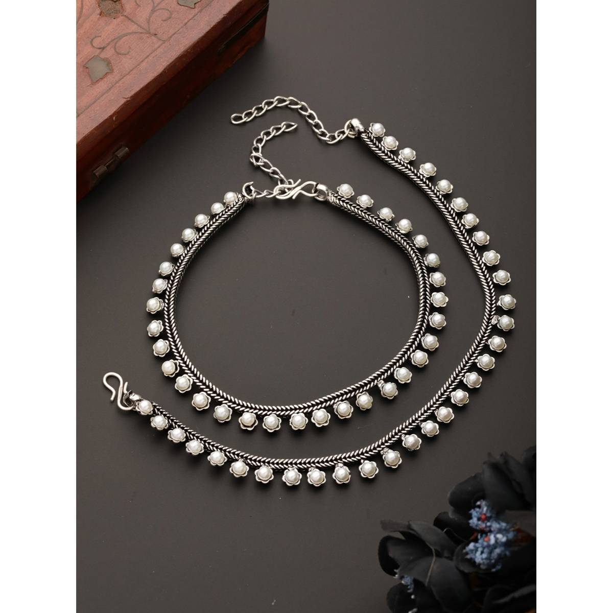 Aatmana Set of 2 Silver-Plated & Handcrafted Pearl Anklets