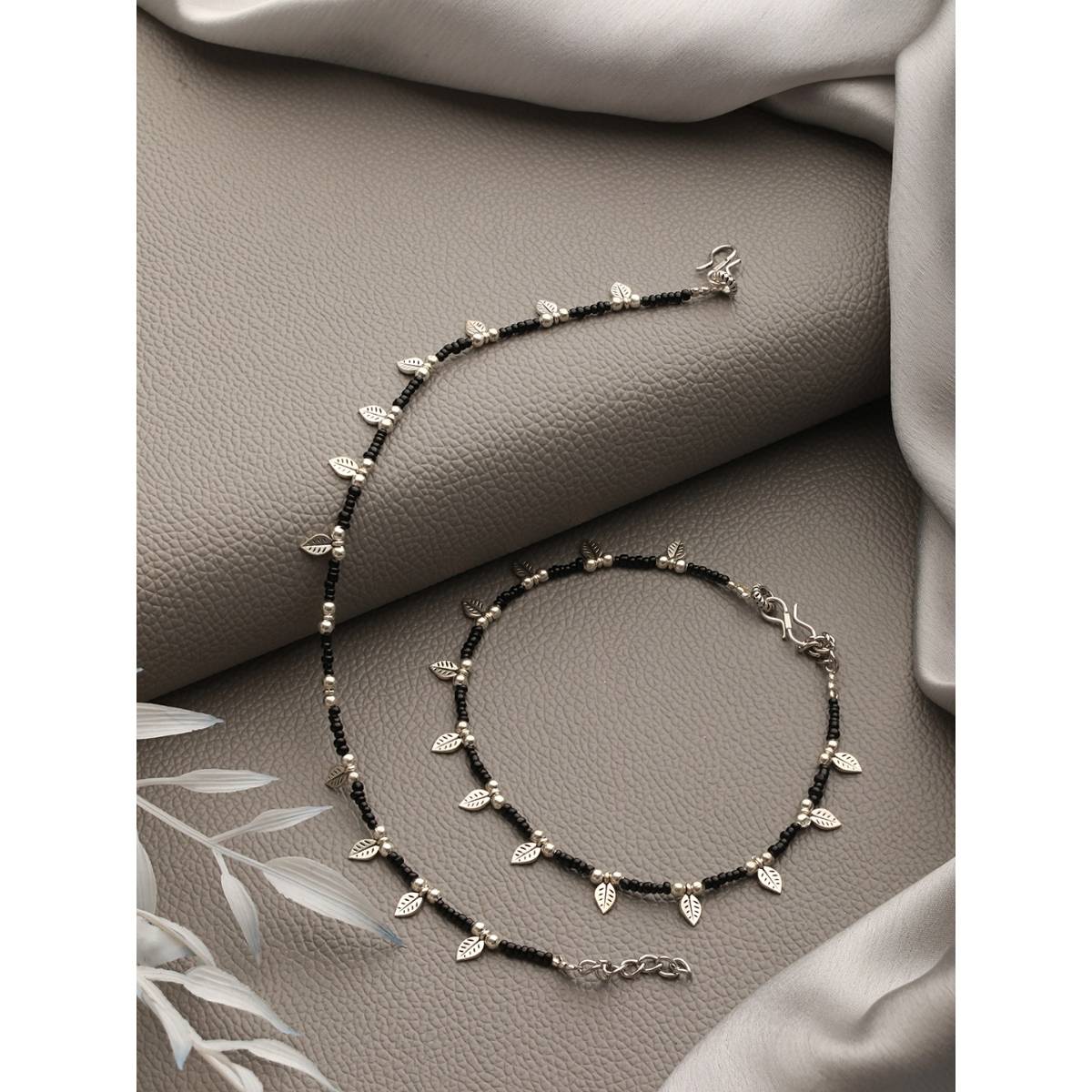 Aatmana Silver-Plated & Beaded Leaf Anklets