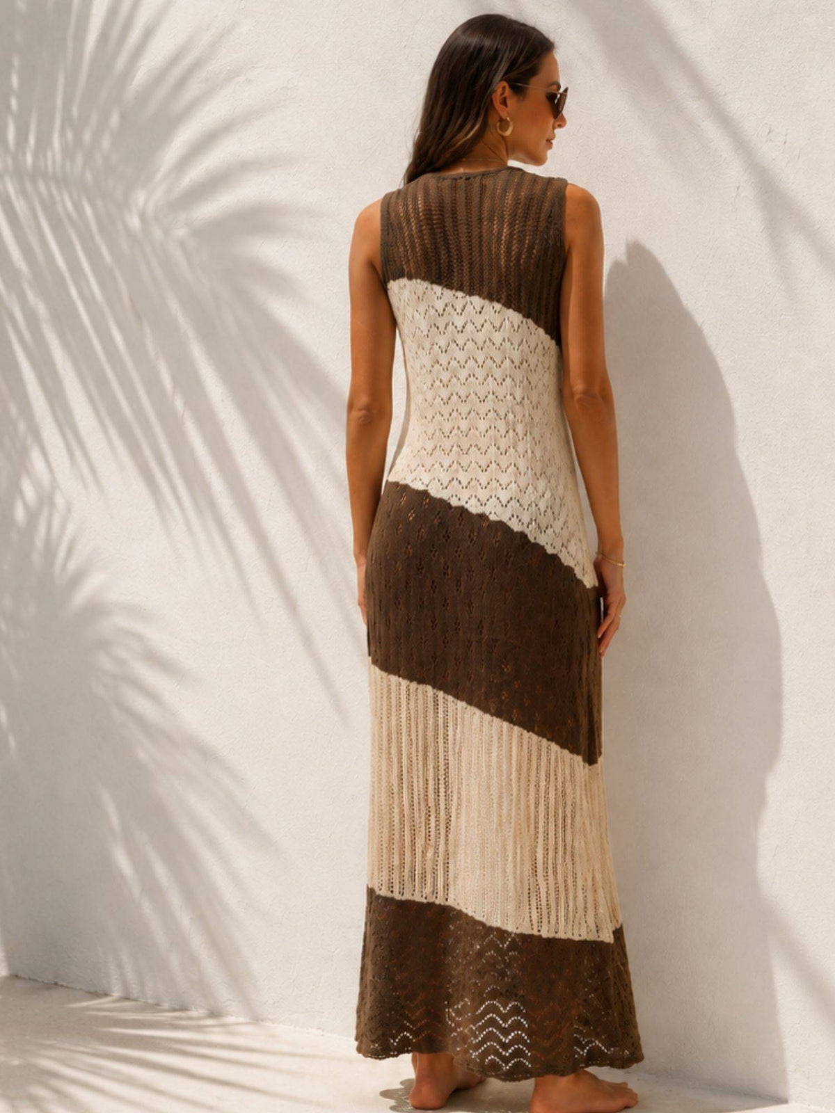 Addery Brown and Ivory Colorblock Crochet Knit Beach Cover-Up Dress (S) · S