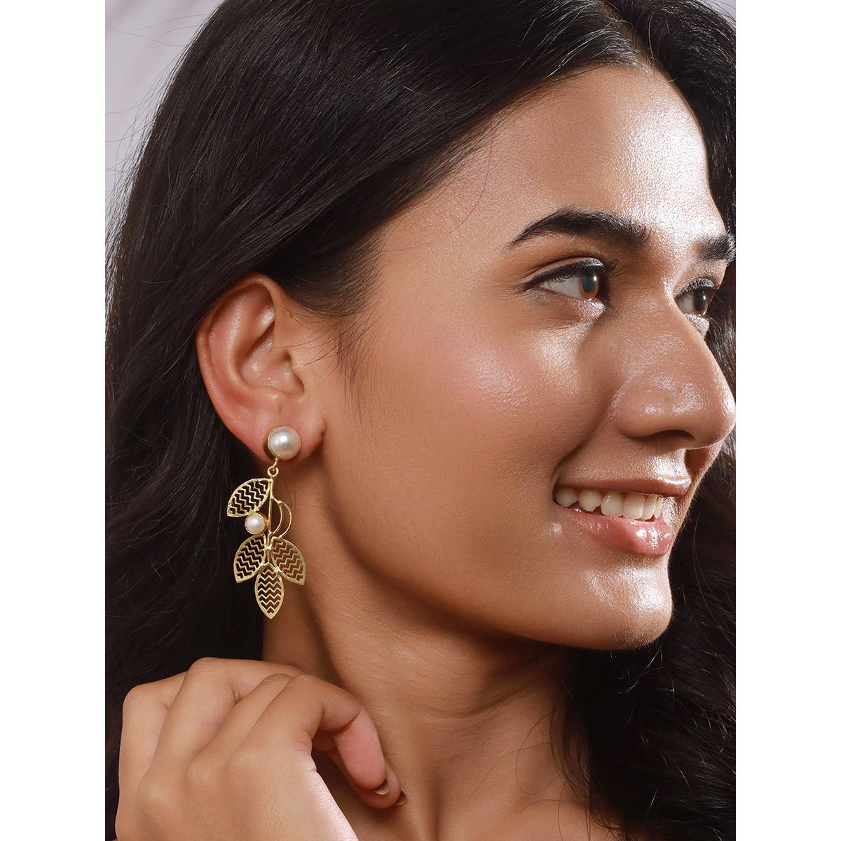 Aatmana Gold-Plated White Pearl Leaf Shaped Drop Earrings