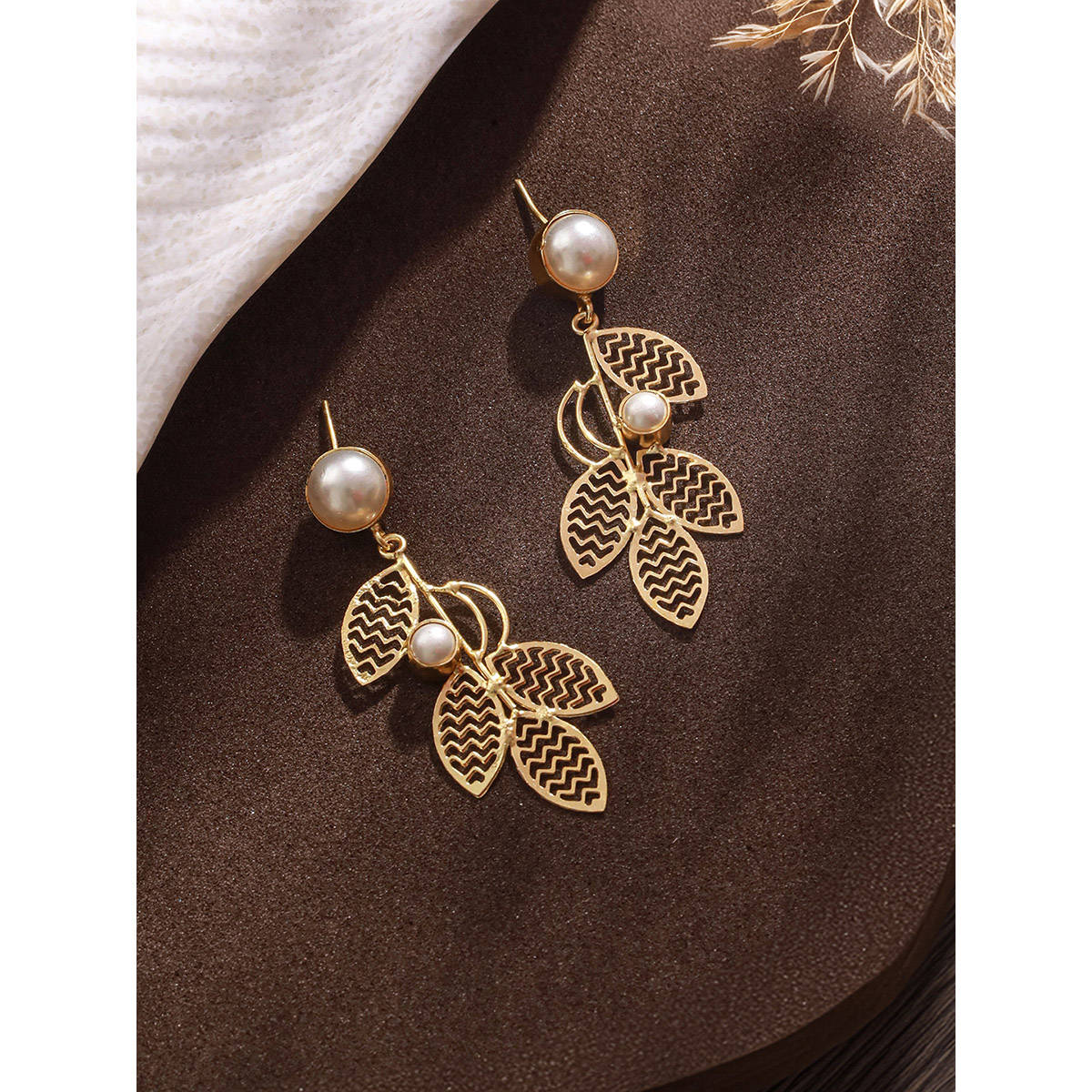 Aatmana Gold-Plated White Pearl Leaf Shaped Drop Earrings