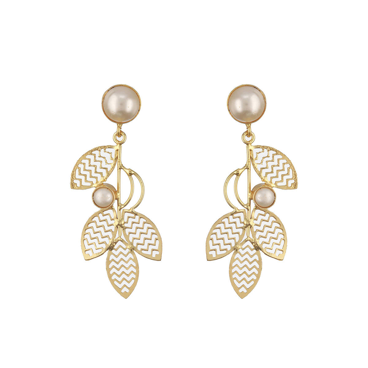 Aatmana Gold-Plated White Pearl Leaf Shaped Drop Earrings