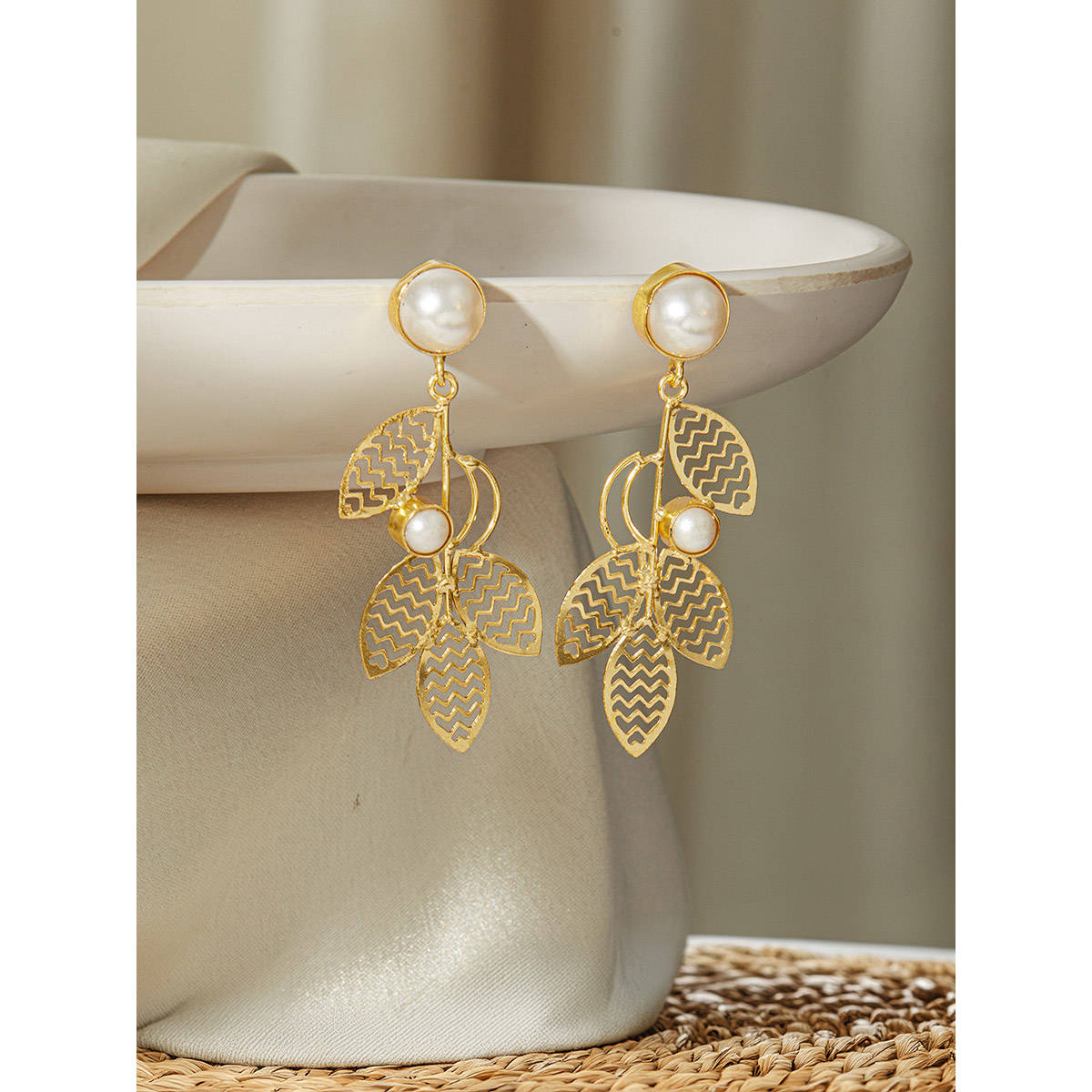 Aatmana Gold-Plated White Pearl Leaf Shaped Drop Earrings