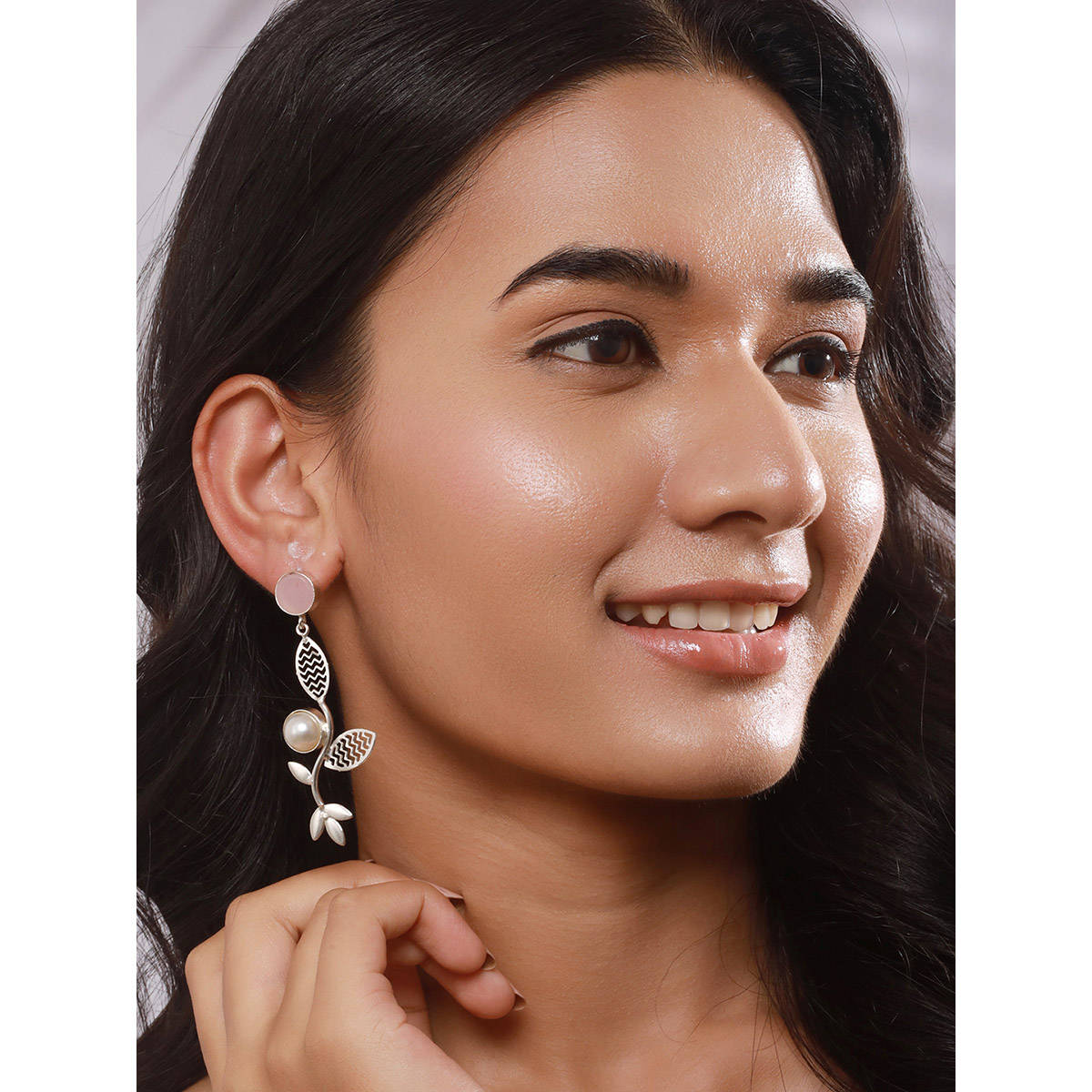 Aatmana Silver-Plated Pink Stone Pearl Drop Earrings