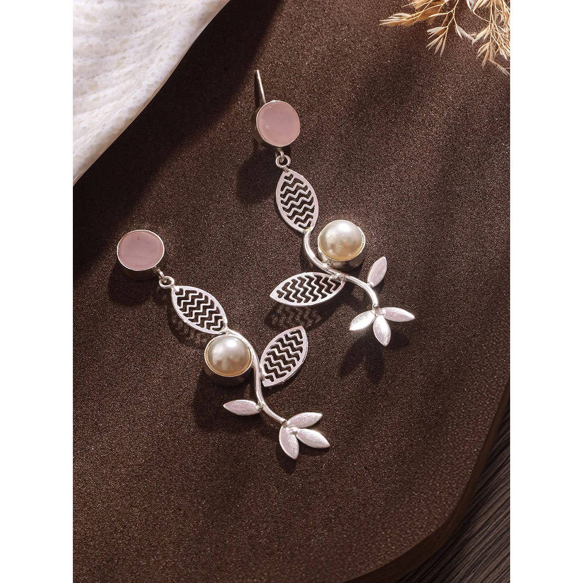 Aatmana Silver-Plated Pink Stone Pearl Drop Earrings